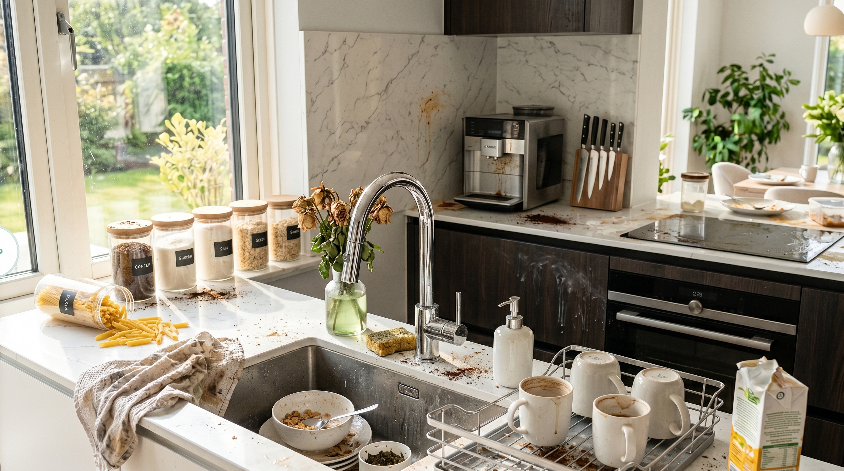 Messy kitchen counter before cleaning